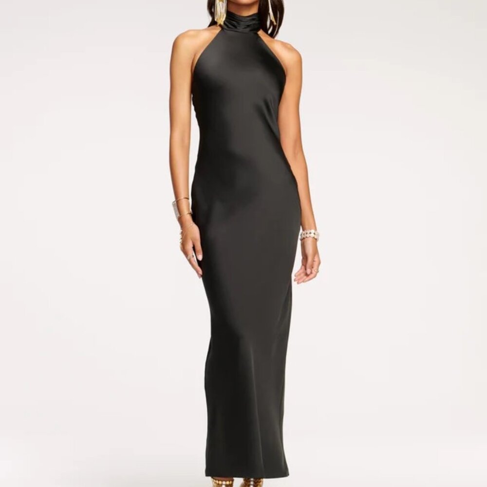 NEW Ramy Brook Tatiana High Neck Gown Satin Stretch Back Slit in Black